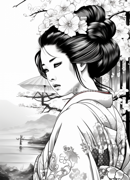 Geisha_Black_and_White_Coloring_book_page_01